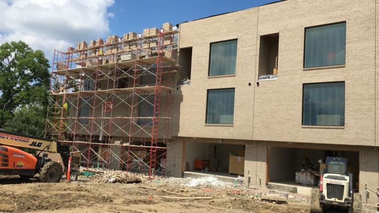 Commercial masonry with scaffolding