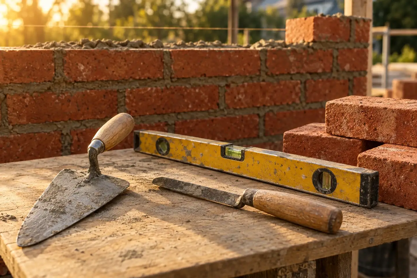 Mason’s trowel, jointer, level and bricks on a mortar board