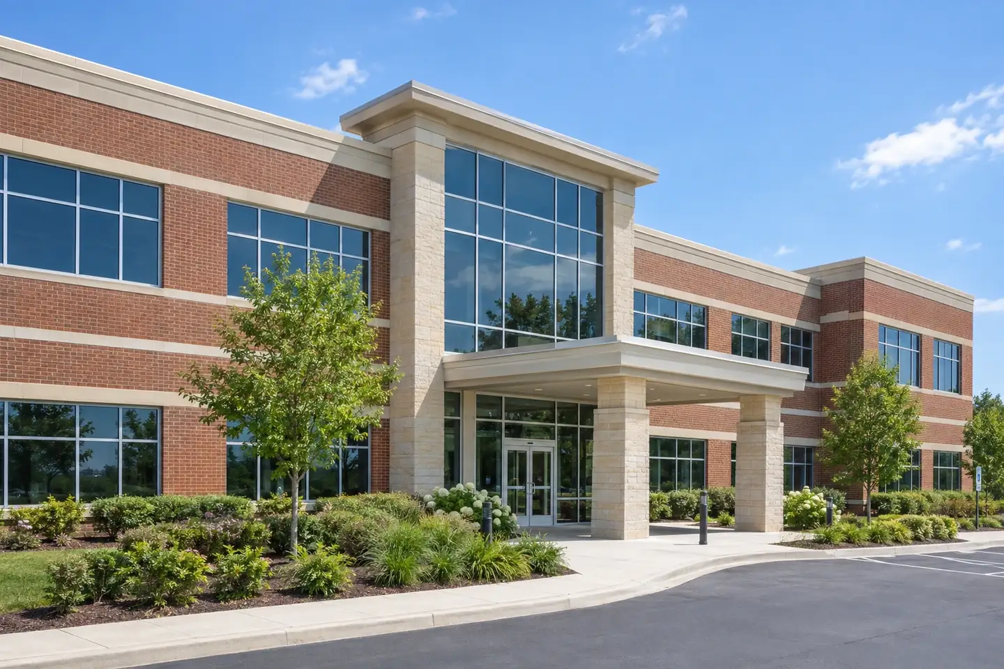 Office building with brick and limestone