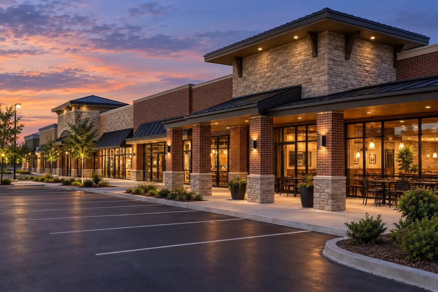 Retail center with brick and stone veneer