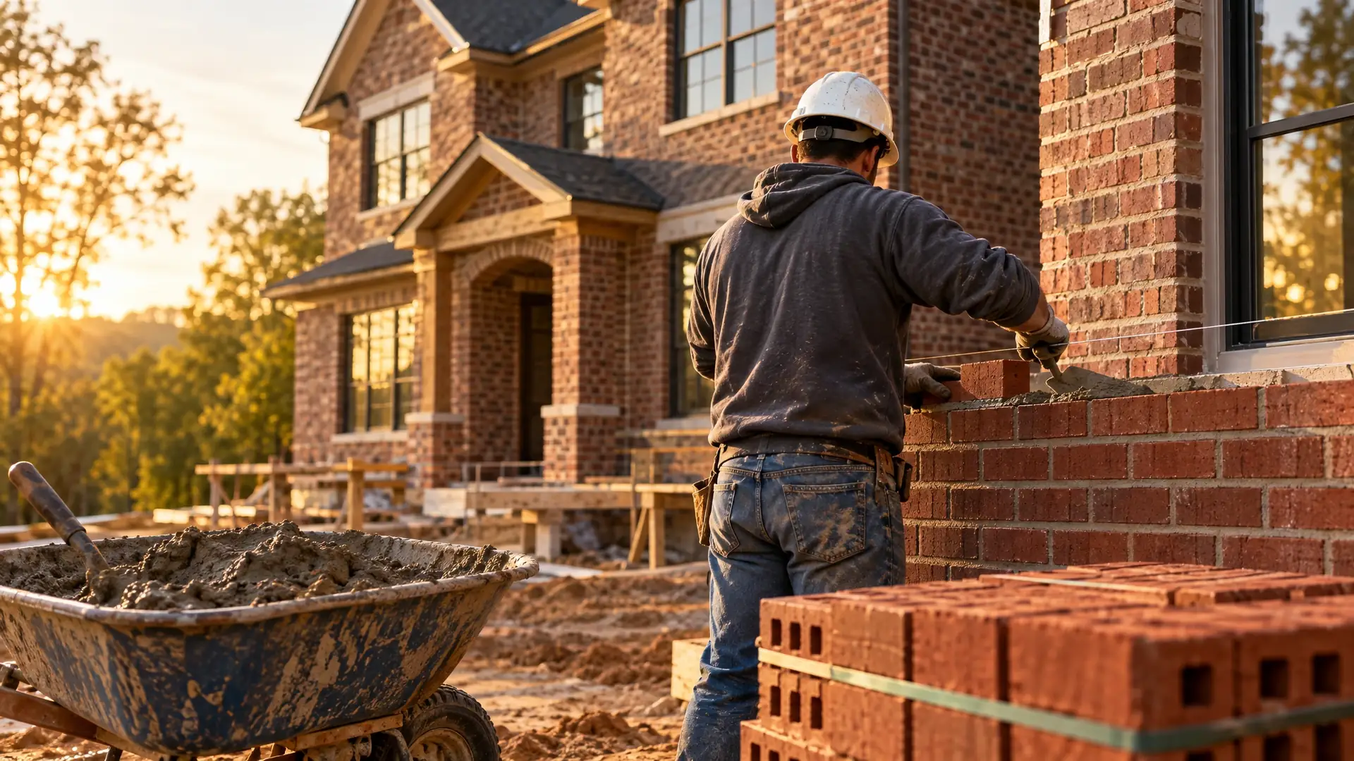 Mason laying red brick on a new two-story home