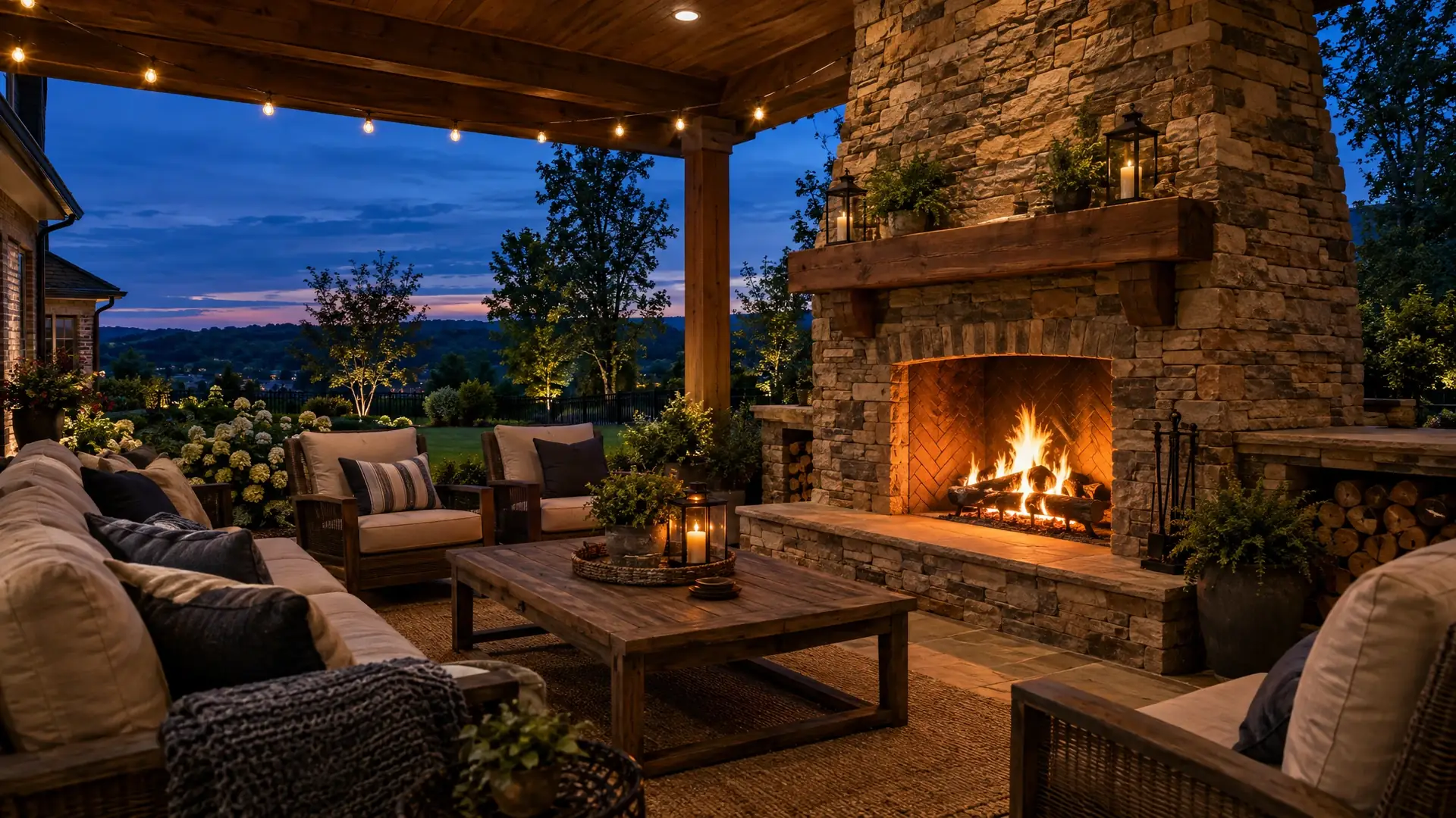Natural stone and brick outdoor fireplace with a fire at dusk