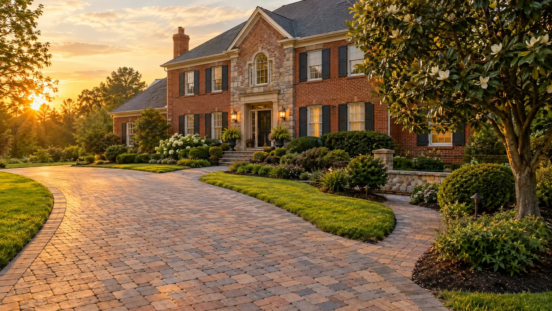 Curved paver driveway leading to a brick home