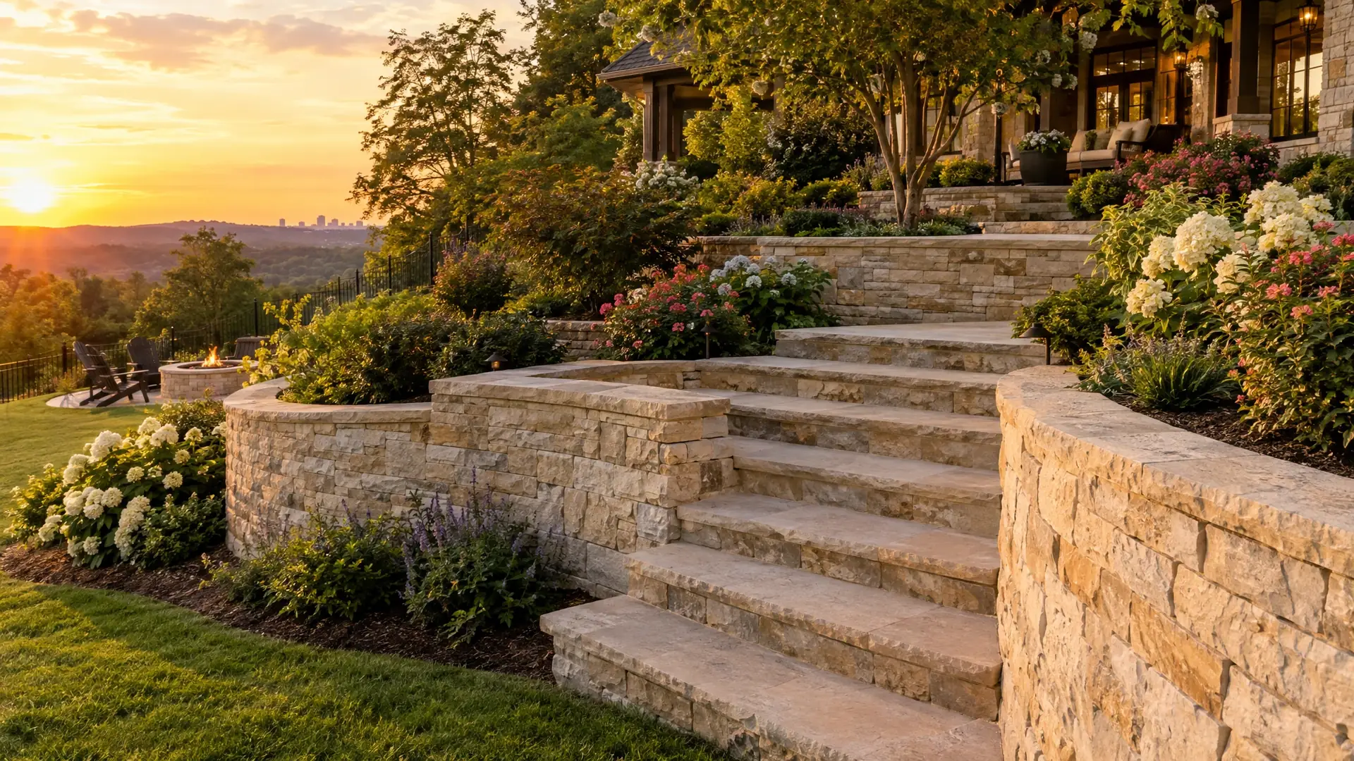 Natural stone retaining wall with steps