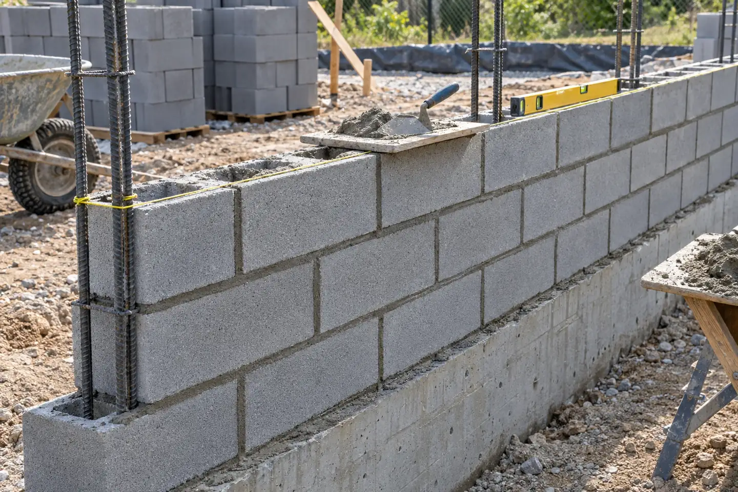 Concrete masonry block wall under construction with rebar