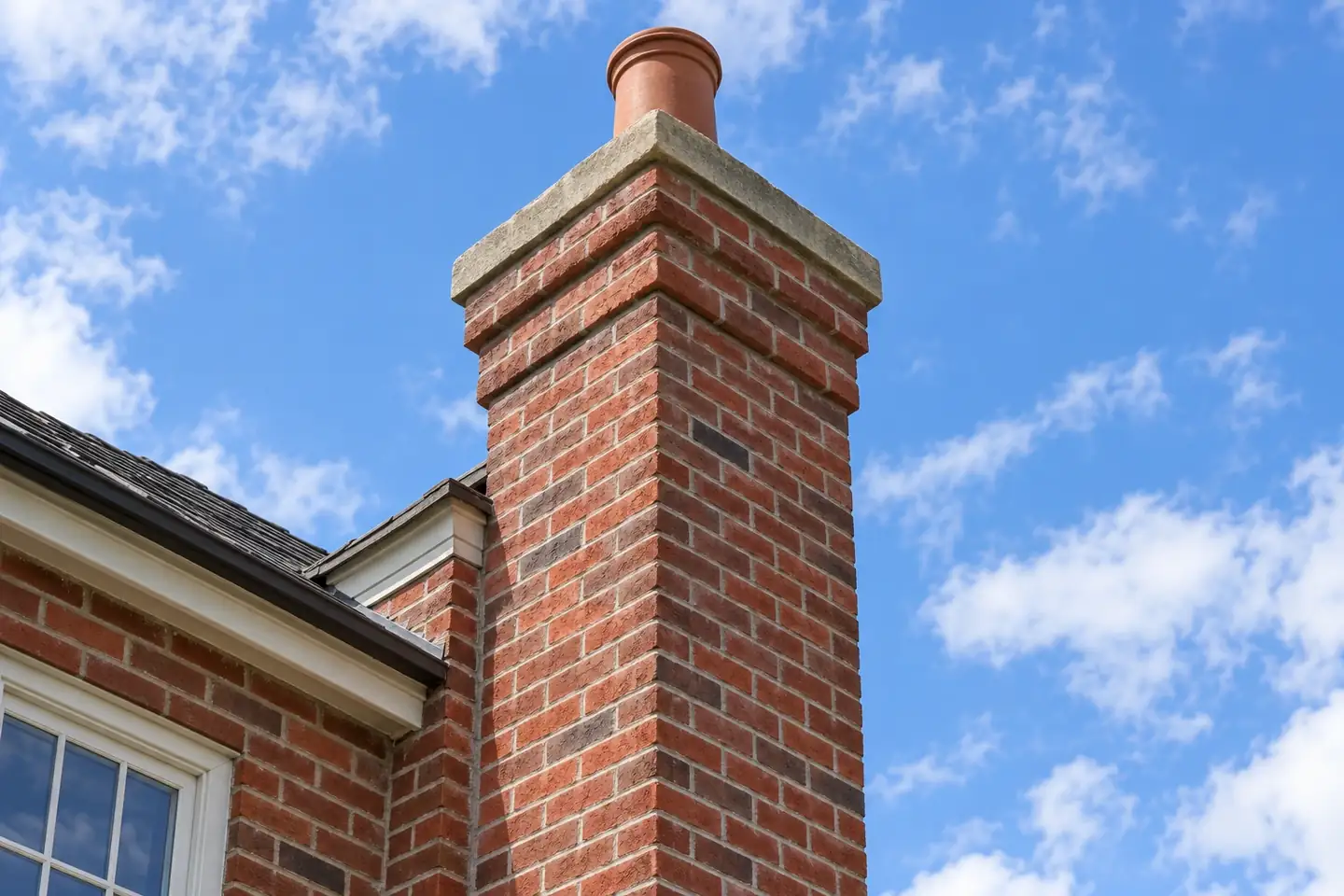 Tall red brick chimney with stone cap against a blue sky