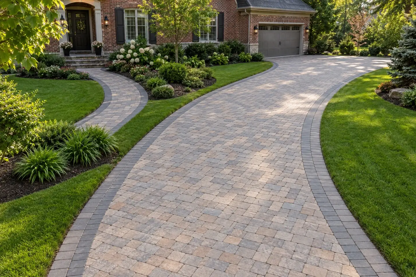 Curved interlocking paver driveway leading to a brick home