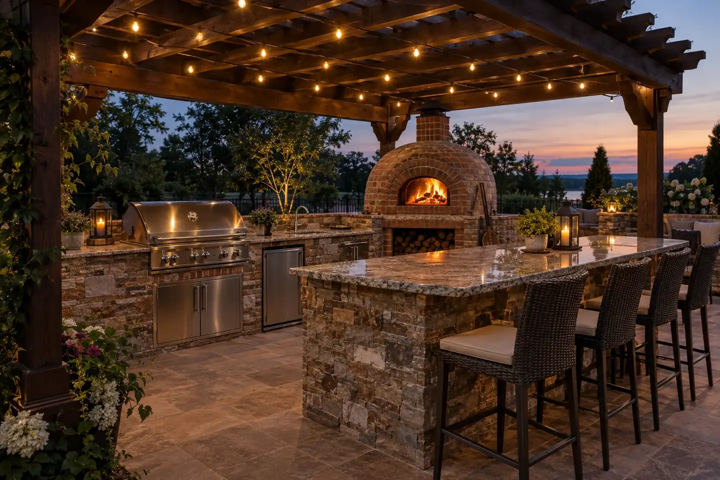 Outdoor kitchen with brick and stone island and pizza oven at dusk