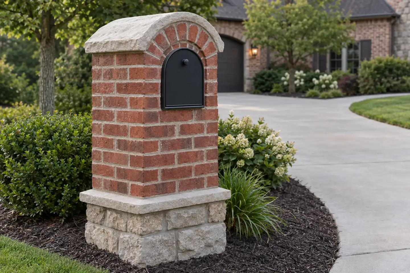 Custom red brick mailbox with arched top and stone cap