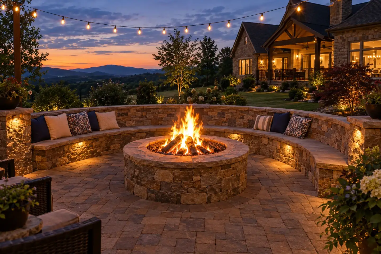 Natural stone and brick outdoor fireplace with a fire at dusk