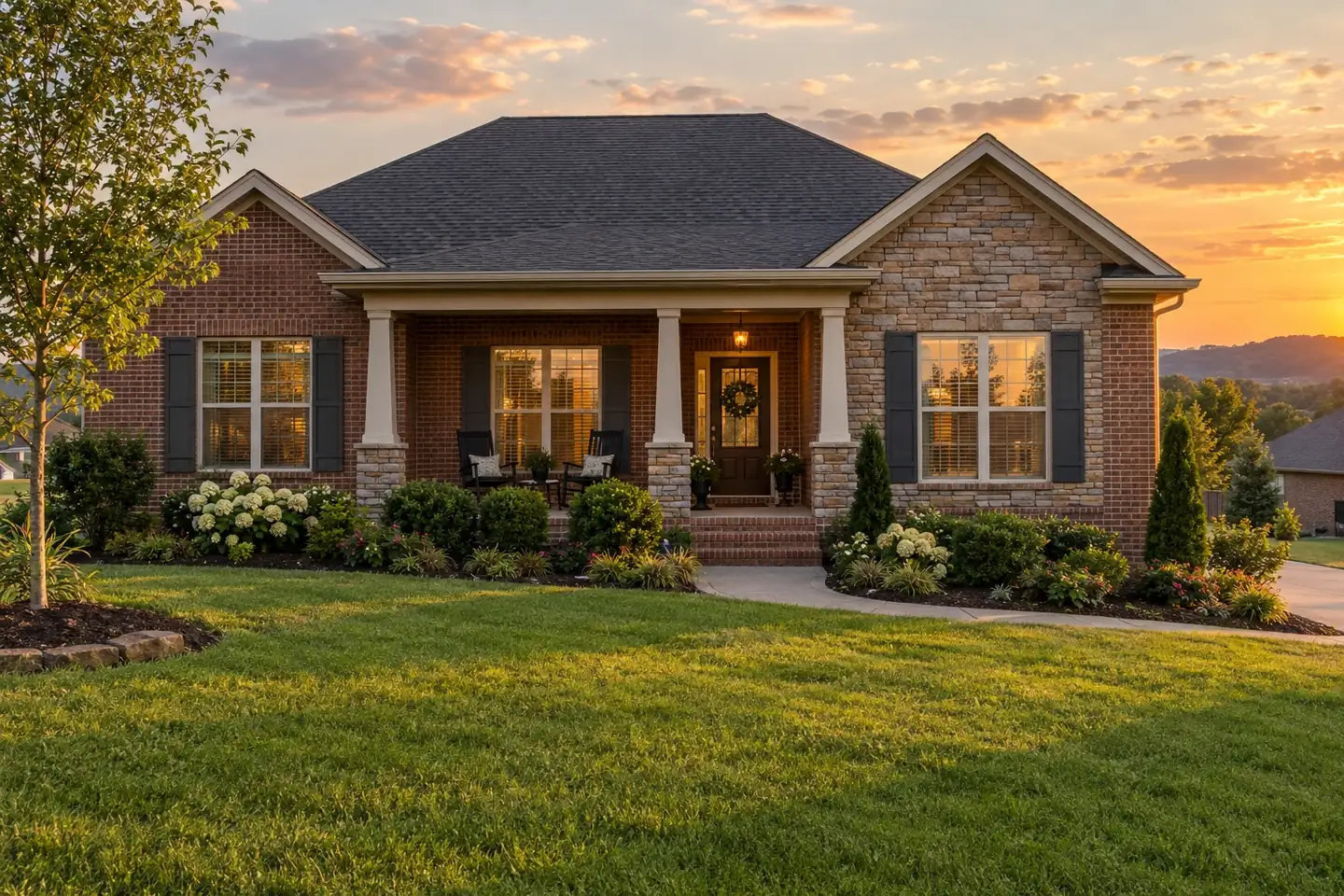Brick ranch home with stone accents and landscaped beds