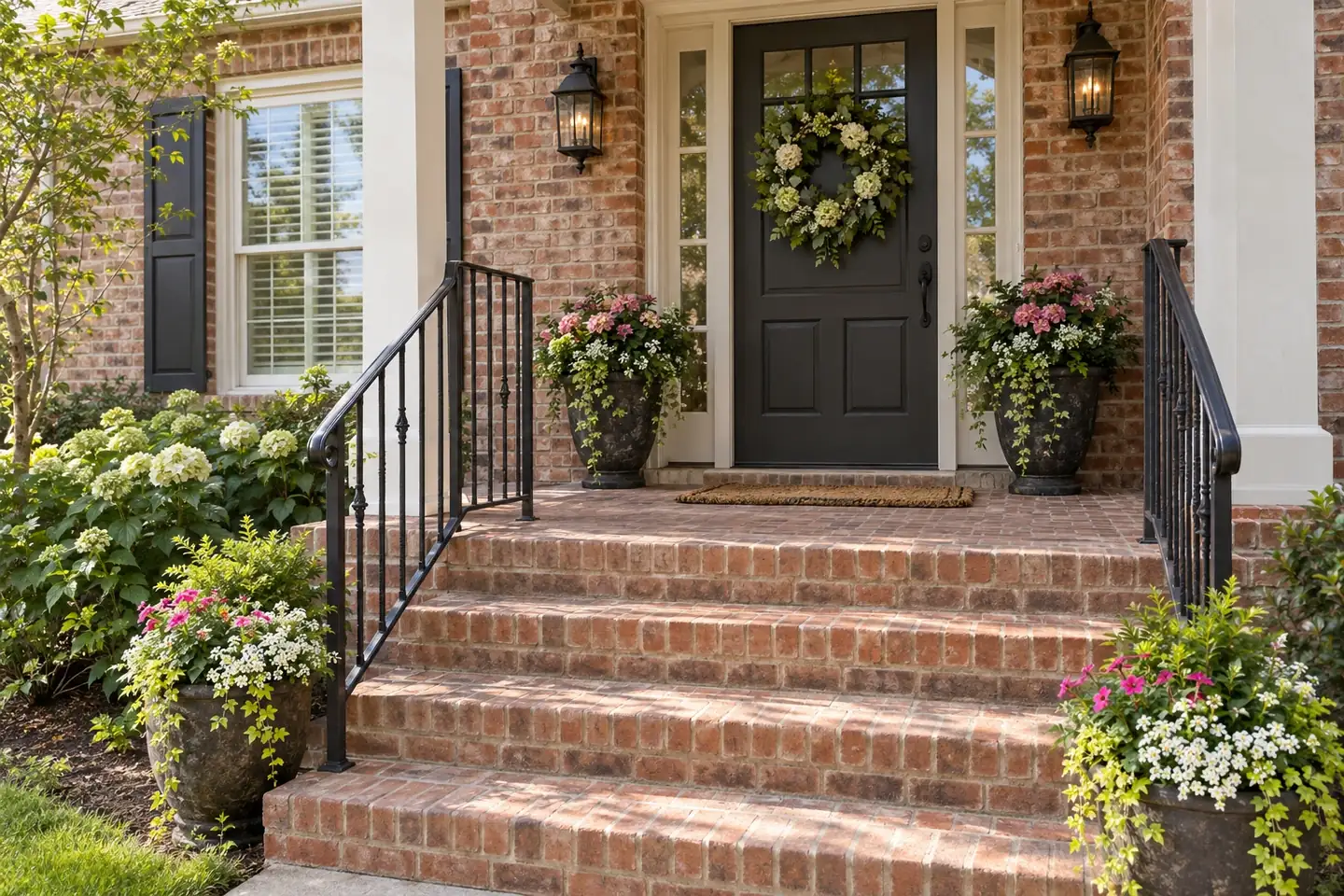 Brick front porch with wide brick steps and iron railing