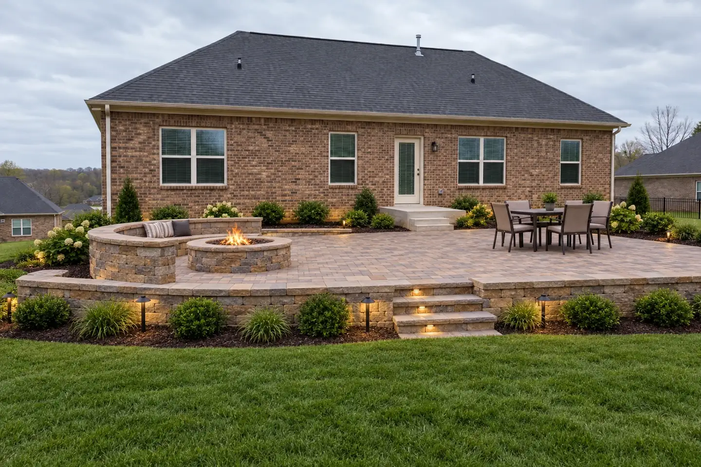 Backyard before and after a patio, fire pit and stone wall - after